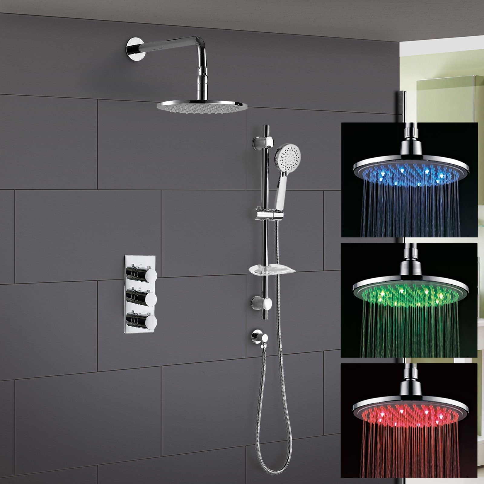 Calla Round Concealed Thermostatic Shower Valve Mixer Set -  LED Shower Shower Head & Rail Handset
