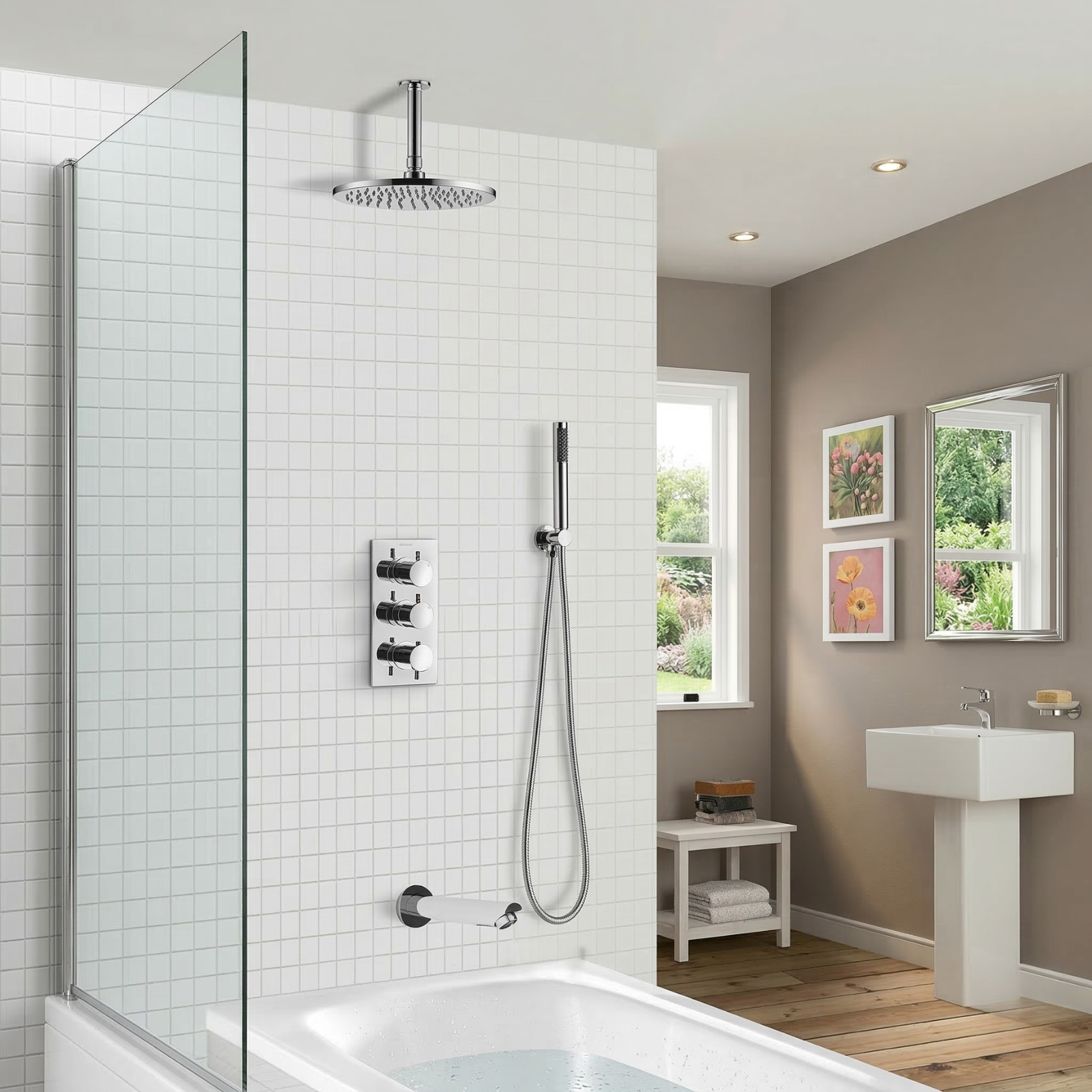 Flora 3 Way Round Concealed Thermostatic Mixer Valve Bath Filler Hand Shower