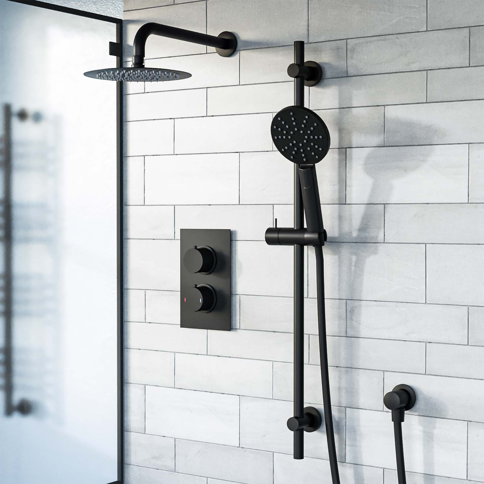 Voilet 2 Dial 2 Way Concealed Thermostatic Mixer, 200mm Shower Head, Slider Rail & Handset Matte Black