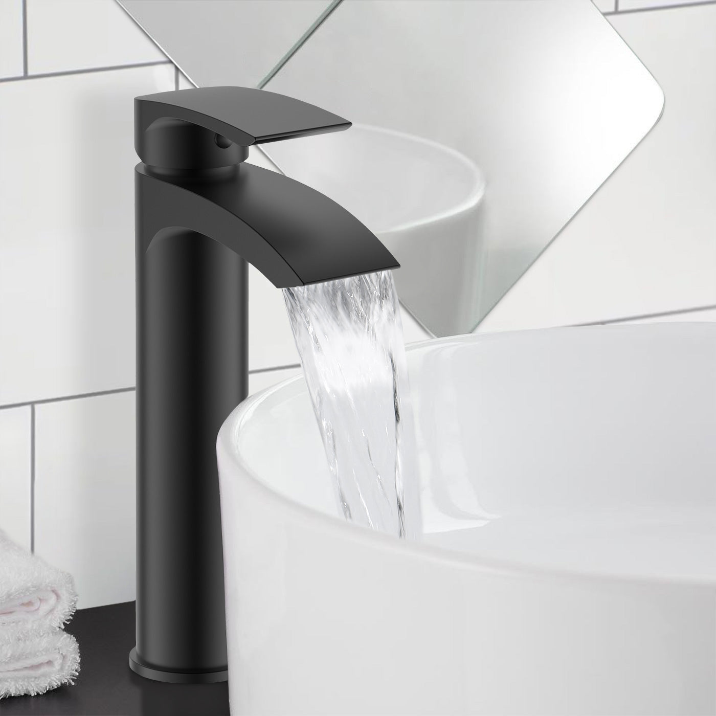 Vago Modern Matte Black Waterfall High Rise Tall Basin Mixer Tap & Waste