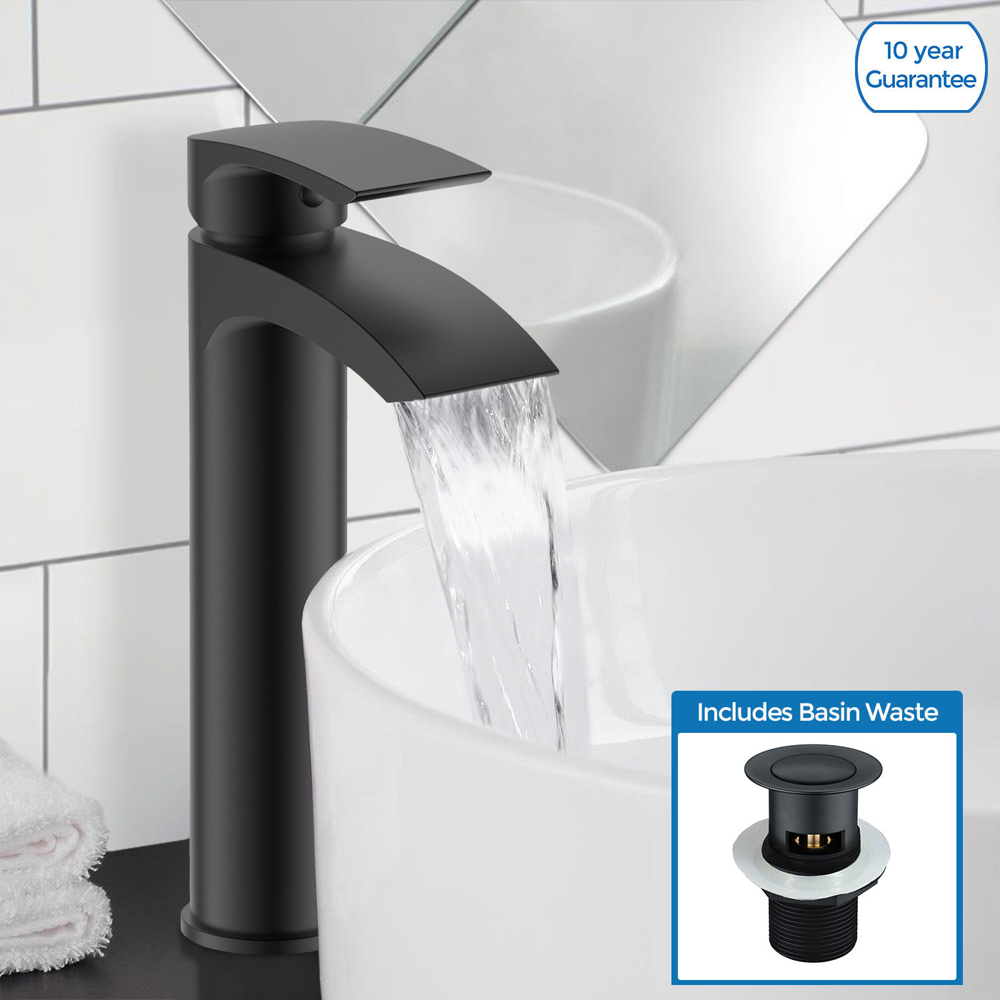 Vago Modern Matte Black Waterfall High Rise Tall Basin Mixer Tap & Waste