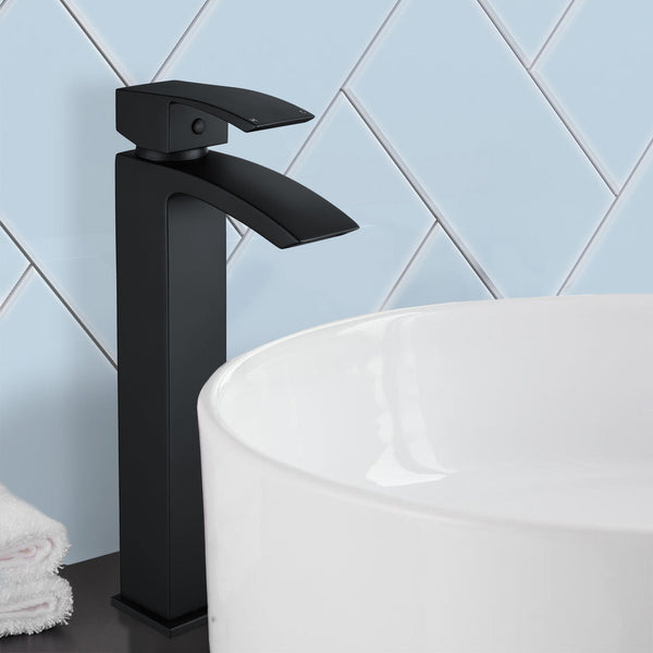 Arke Contemporary Tall Matte Black Design Countertop Basin Mono Mixer Tap + Click Clack Pop up Slotted Waste