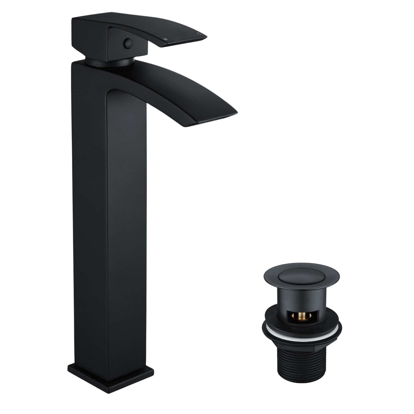 Arke Contemporary Tall Matte Black Design Countertop Basin Mono Mixer Tap + Click Clack Pop up Slotted Waste