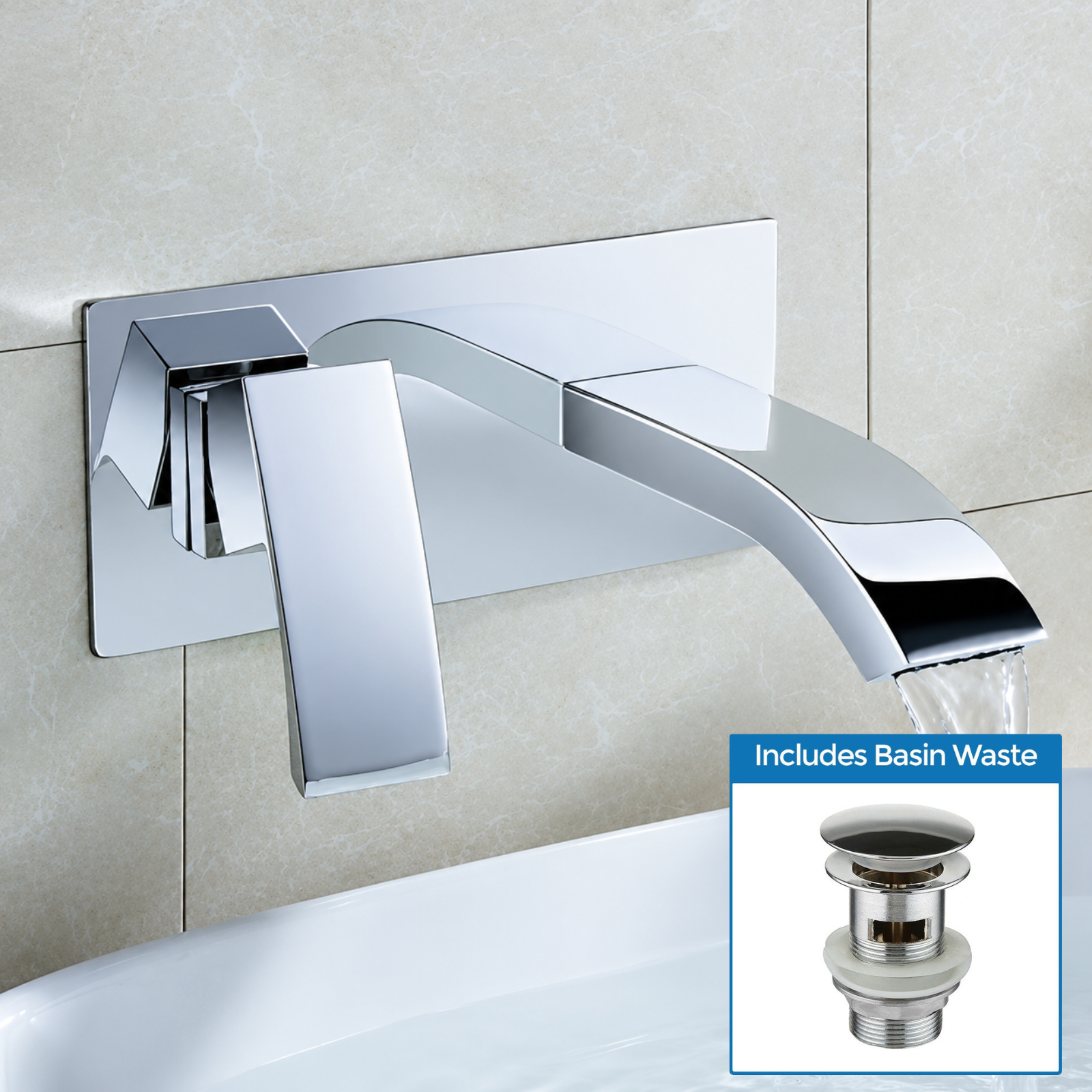 Chrome Designer Bathroom Concealed Wall Mounted Waterfall Basin Sink Single Lever Tap