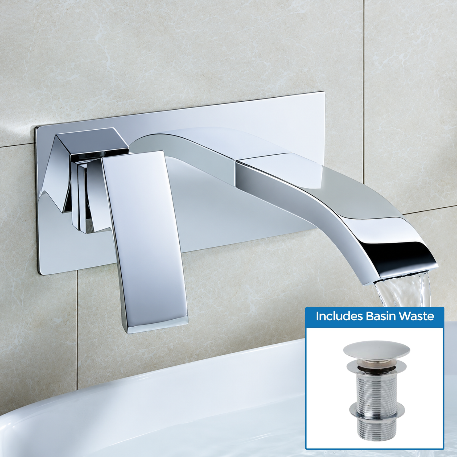 Chrome Designer Bathroom Concealed Wall Mounted Waterfall Basin Sink Single Lever Tap