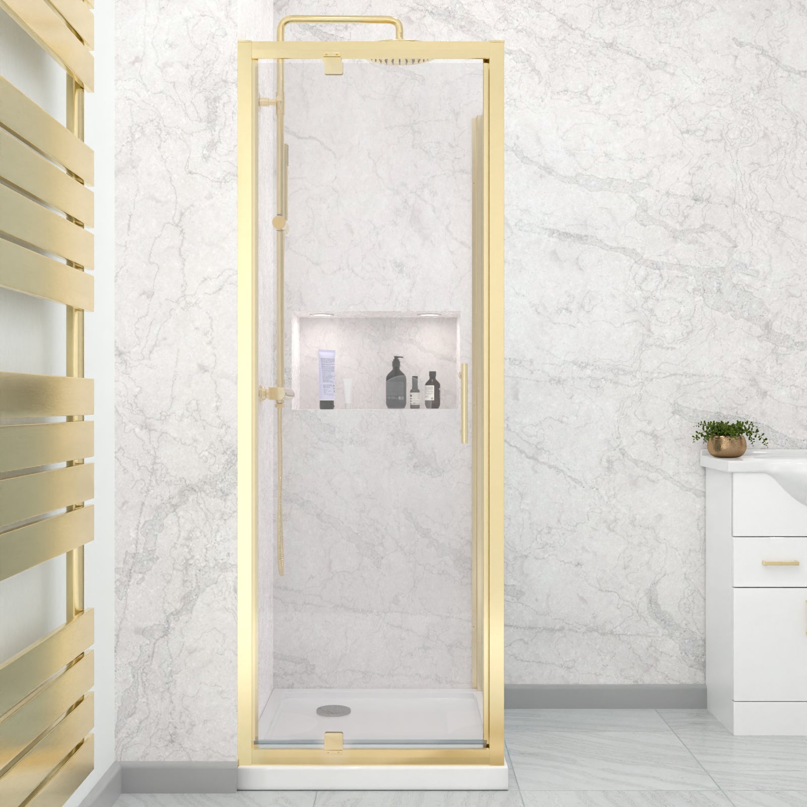 Jupiter 760 x 760mm Pivot Door Shower Enclosure & Side Panel Brushed Brass