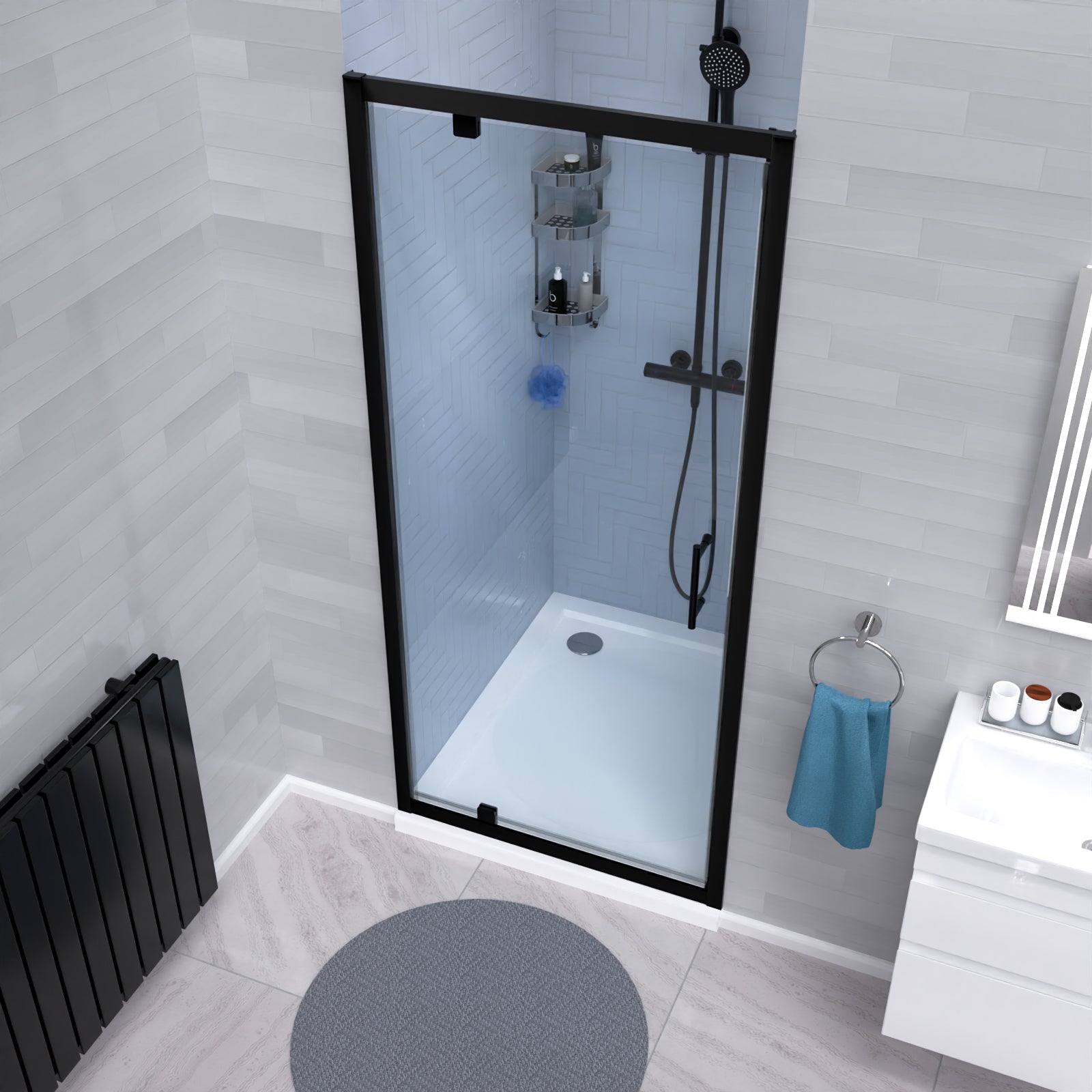 Jupiter 800mm Matte Black Framed Pivot Shower Door Enclosure Screen 6mm Tempered Glass