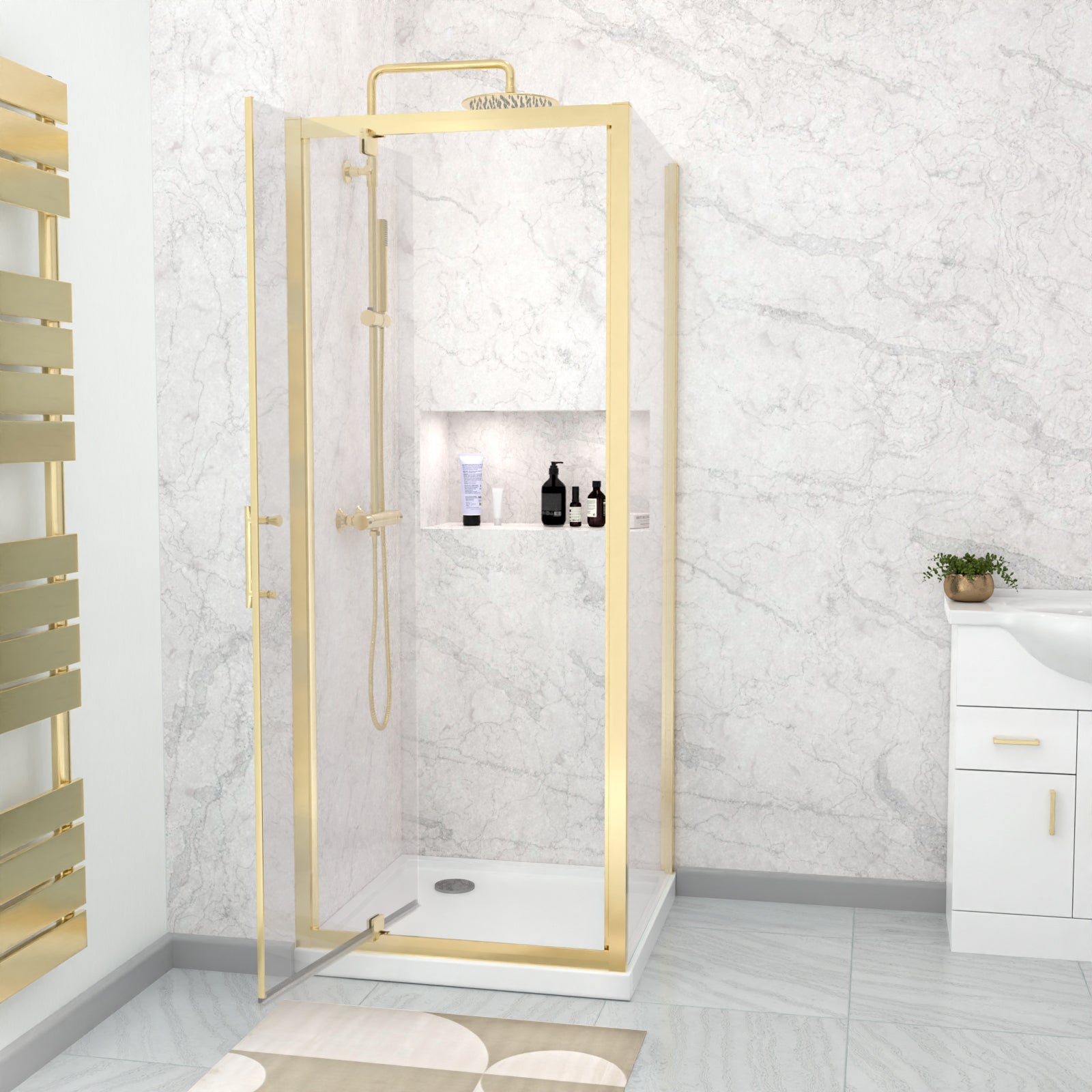Jupiter 800 x 700mm Brushed Brass Framed Pivot Door Shower Enclosure & Side Panel