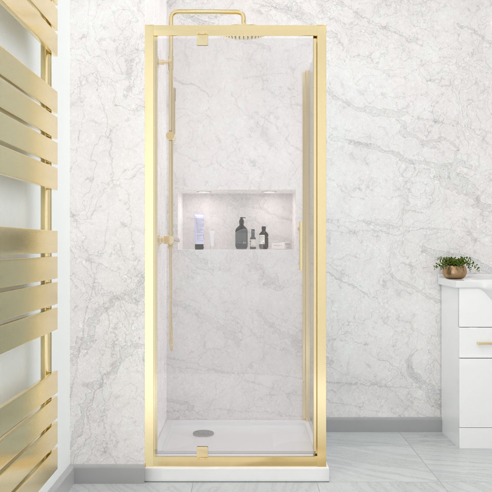 Jupiter 800 x 800mm Brushed Brass Framed Pivot Door Shower Enclosure & Side Panel