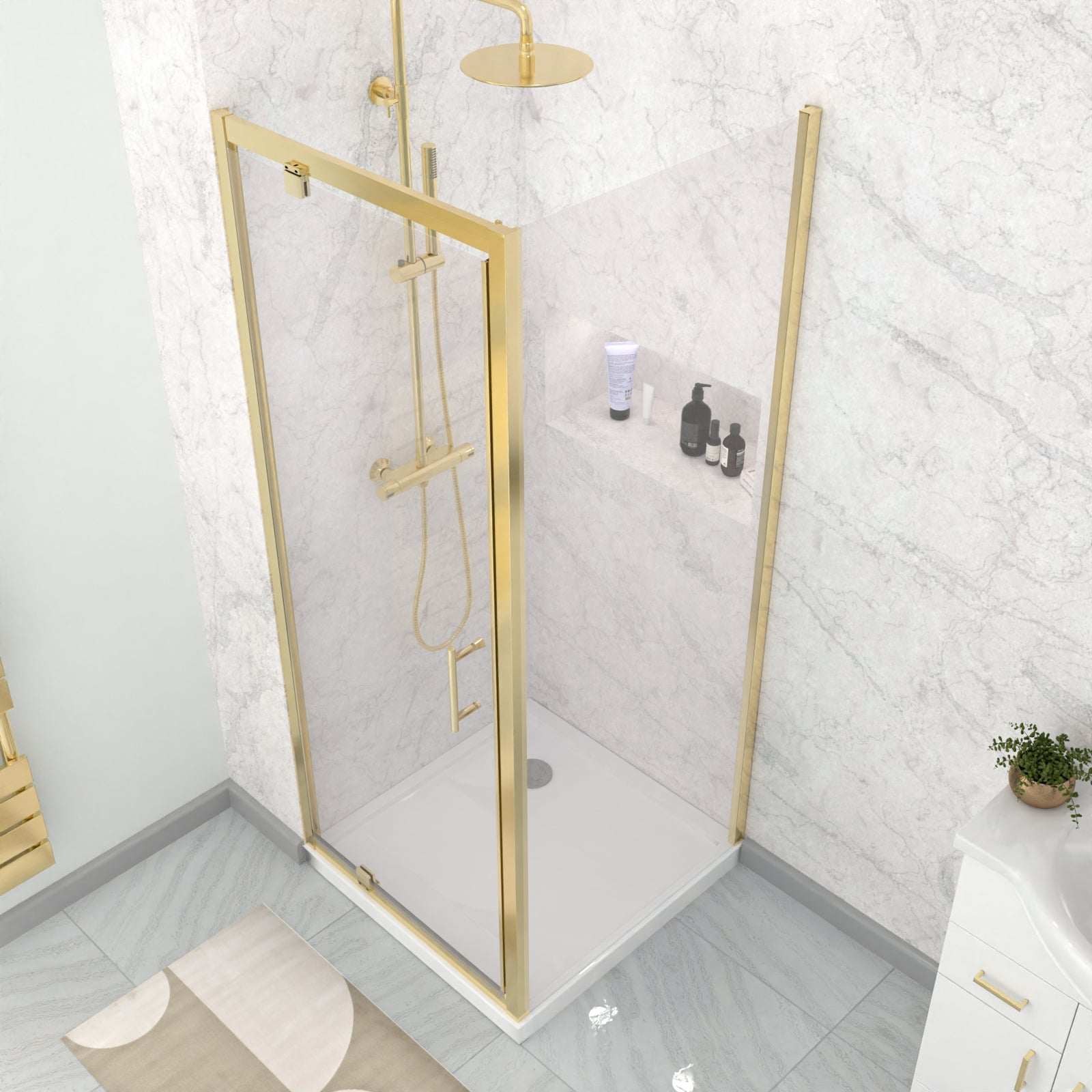 Jupiter 800 x 800mm Brushed Brass Framed Pivot Door Shower Enclosure & Side Panel