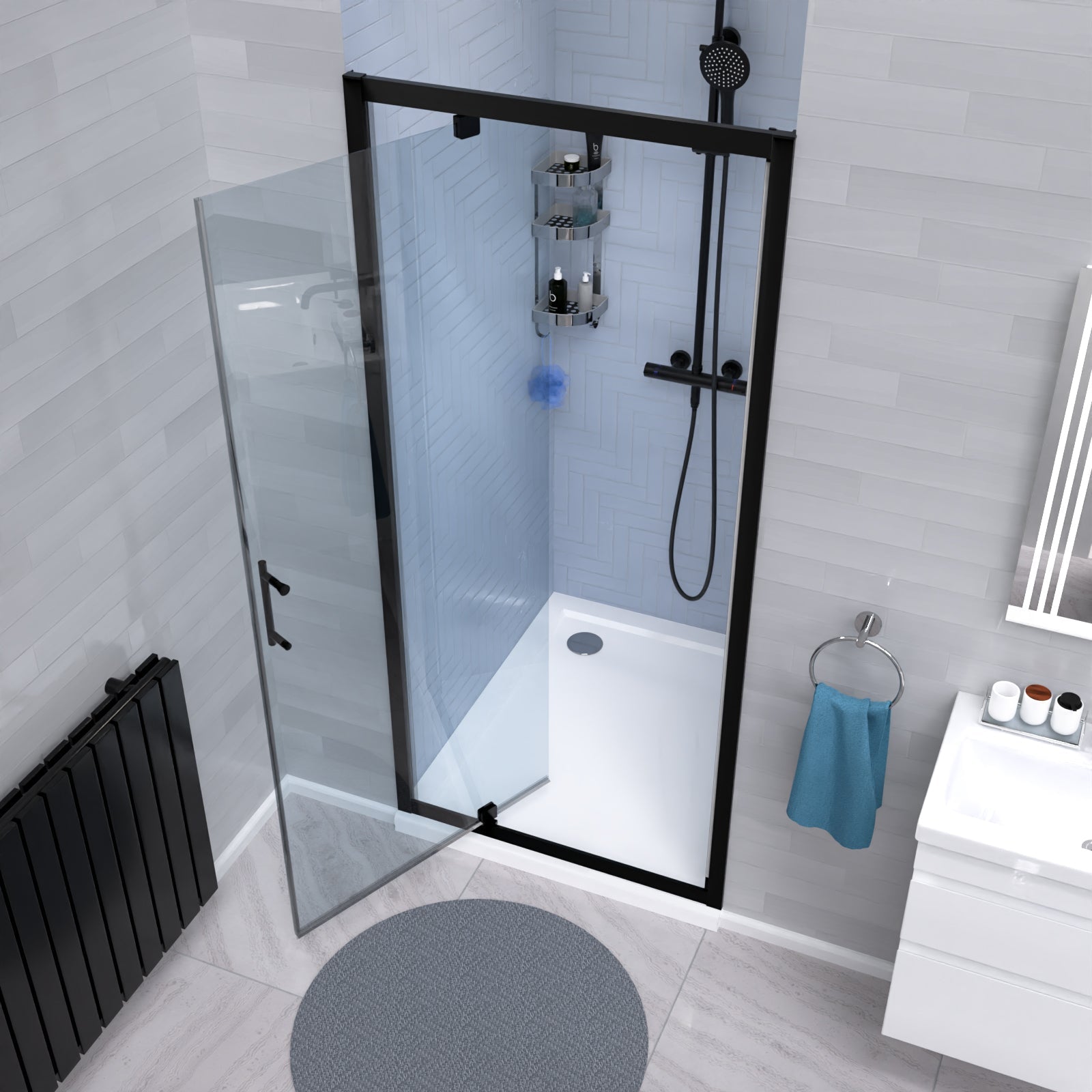 Jupiter 900mm Pivot Shower Door Enclosure Screen 6mm Tempered Glass Matte Black