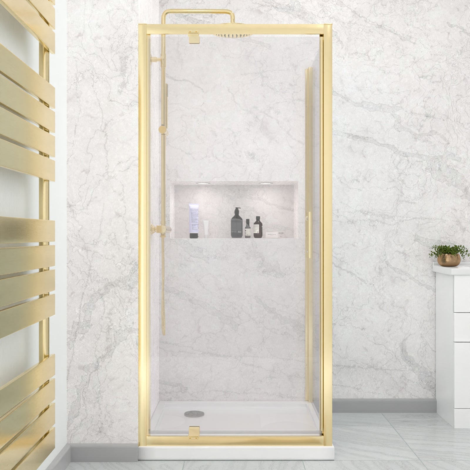Jupiter 900 x 700mm Brushed Brass Framed Pivot Door Shower Enclosure & Side Panel