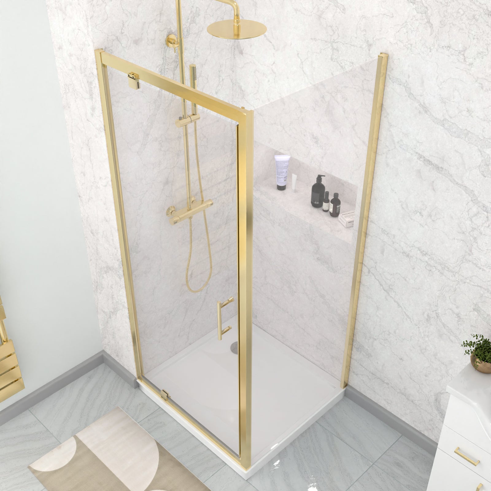 Jupiter 900 x 900mm Brushed Brass Framed Pivot Door Shower Enclosure & Side Panel