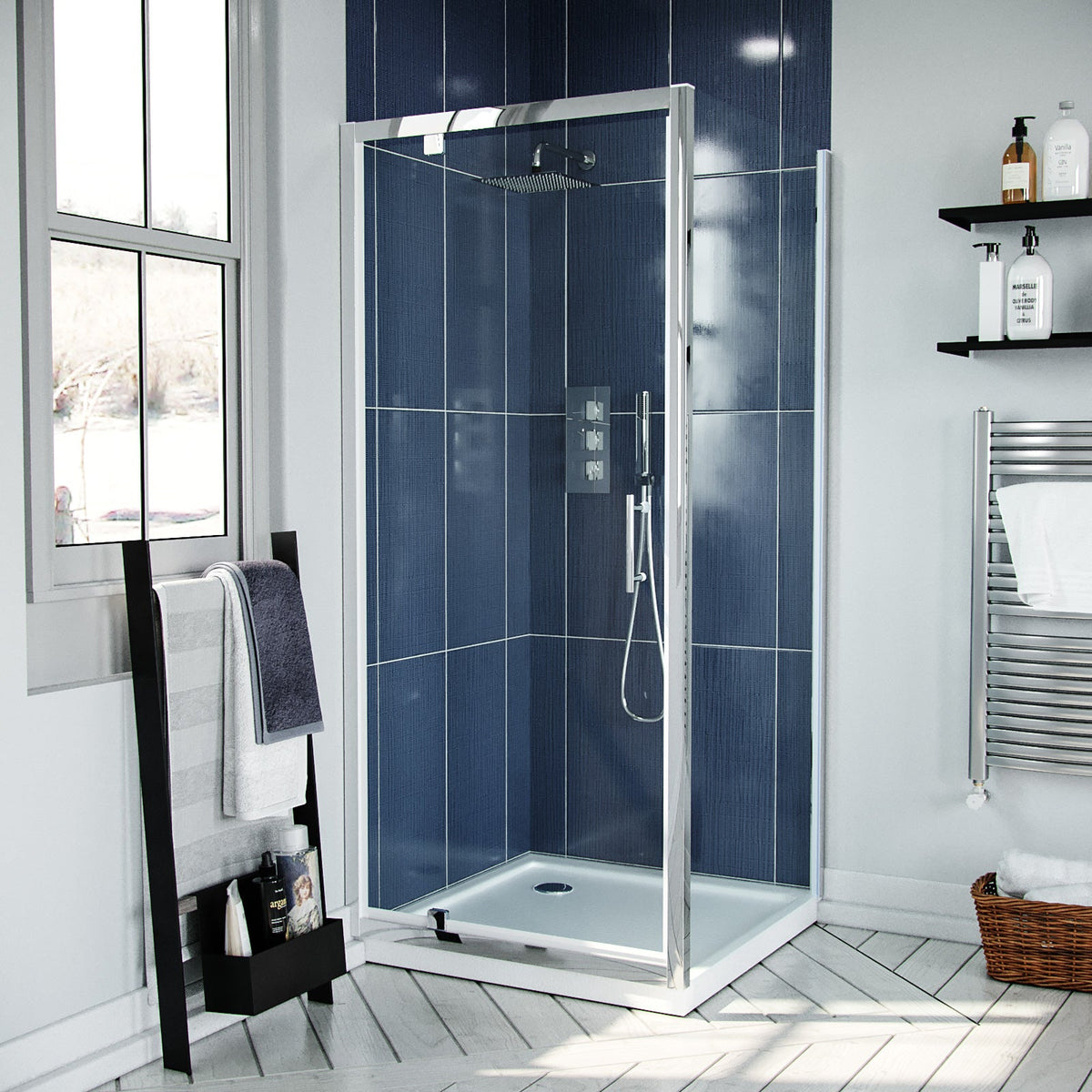 Jupiter Chrome Pivot Door Shower Enclosure with Tray # Options_900 x 760 mm