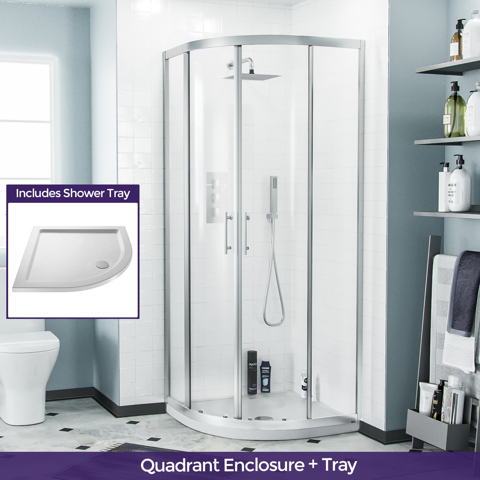 Saturn Chrome Framed Quadrant Curved Corner Shower Enclosure & Tray