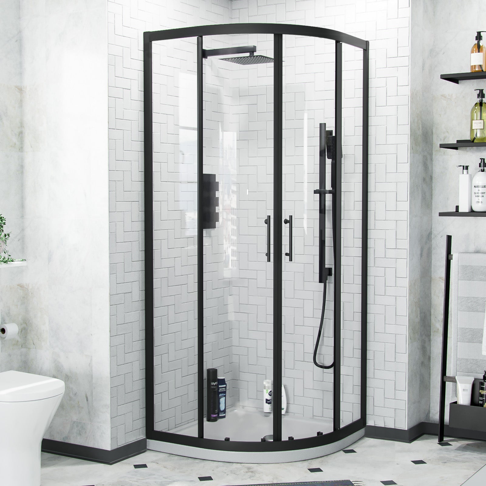 Saturn Matte Black Framed Quadrant Corner Shower Enclosure Set, Shower Tray