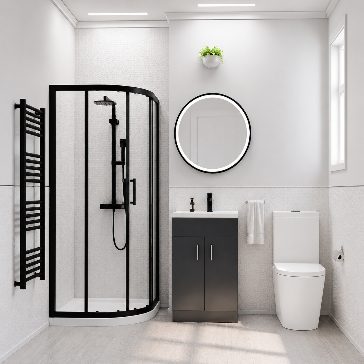 Nanuya 800mm Black Quadrant Shower Enclosure, Dark Grey Basin Vanity & Toilet