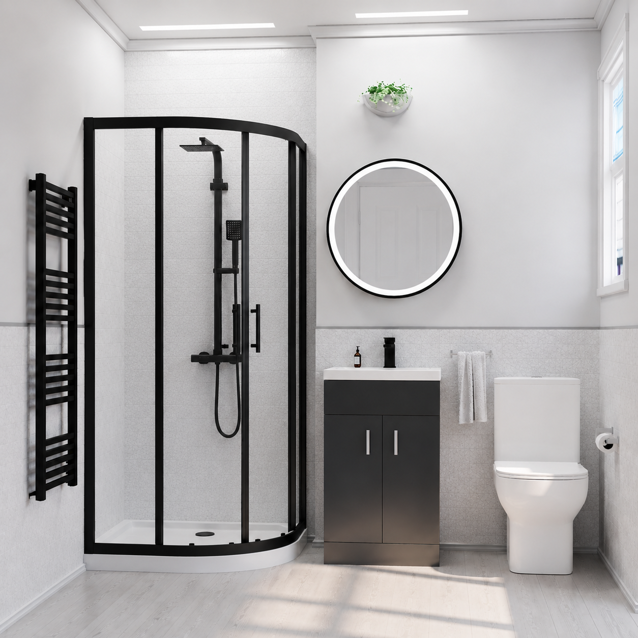 Nanuya 800mm Quadrant Black Shower Enclosure, Dark Grey Basin Vanity & Toilet