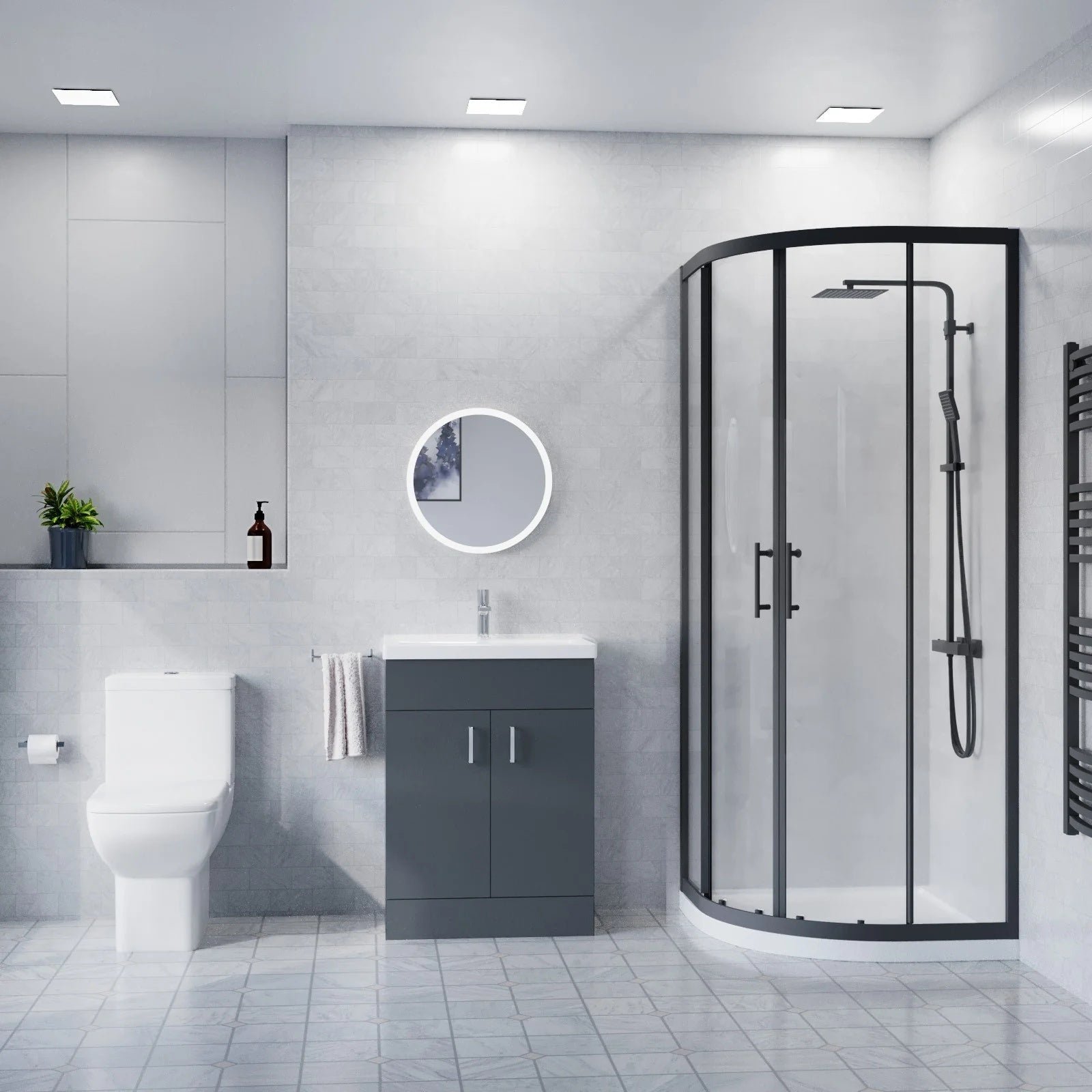 600mm Floorstanding Anthracite Cabinet With Basin & Square Rimless Toilet, 800mm Shower Screen