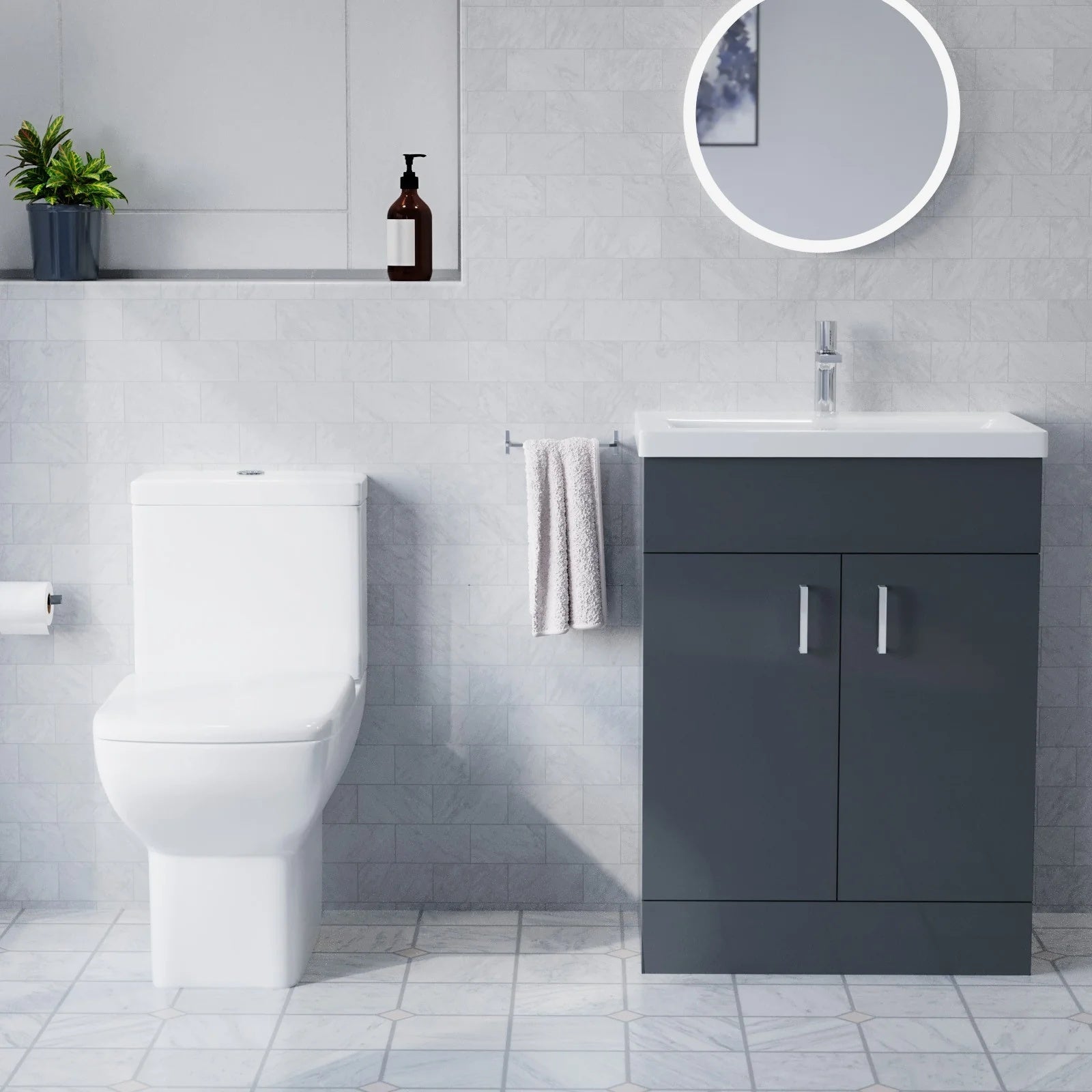 600mm Floorstanding Anthracite Cabinet With Basin & Square Rimless Toilet, 800mm Shower Screen