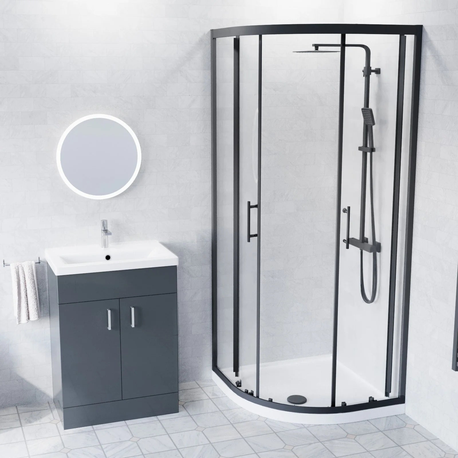 600mm Floorstanding Anthracite Cabinet With Basin & Square Rimless Toilet, 800mm Shower Screen