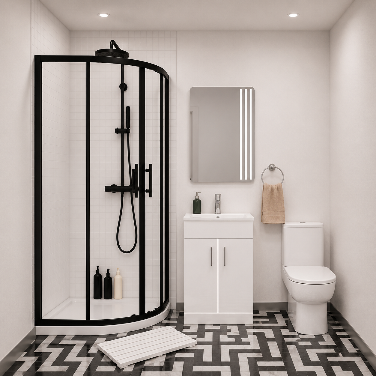 Nanuya Matte Black Quadrant Shower Enclosure + Basin Vanity + Close Coupled Toilet