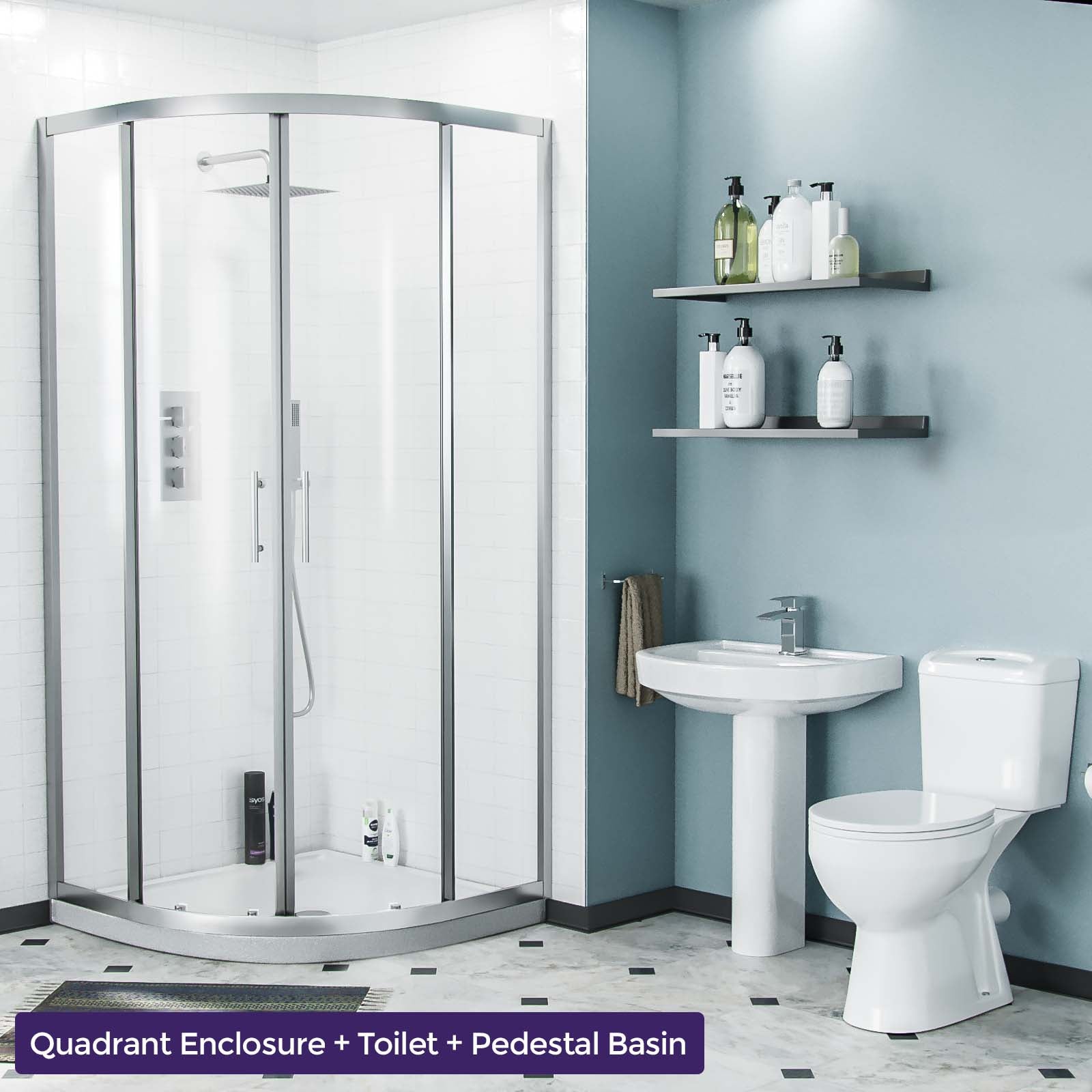 Toilet Pedestal Sink Quadrant Shower Enclosure 3-Piece Bathroom Suite