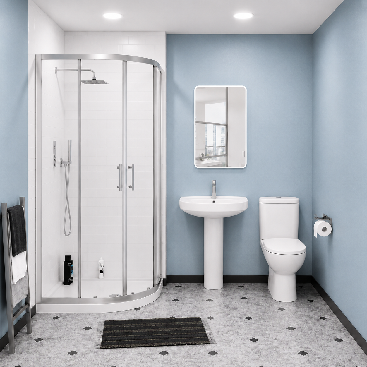 Toilet Pedestal Sink Quadrant Shower Enclosure 3-Piece Bathroom Suite