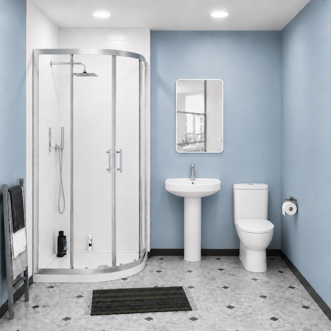 3-Piece 570 mm Basin Full Pedestal and Toilet with 800 Quadrant Shower