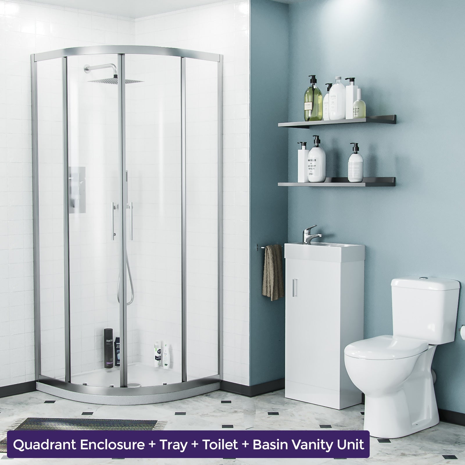 Nanuya 3-Piece White Shower Enclosure Suite - 900mm Quadrant Shower Enclosure with Tray, Close Coupled WC Toilet with Seat and Floorstanding 400 mm Vanity Basin Unit
