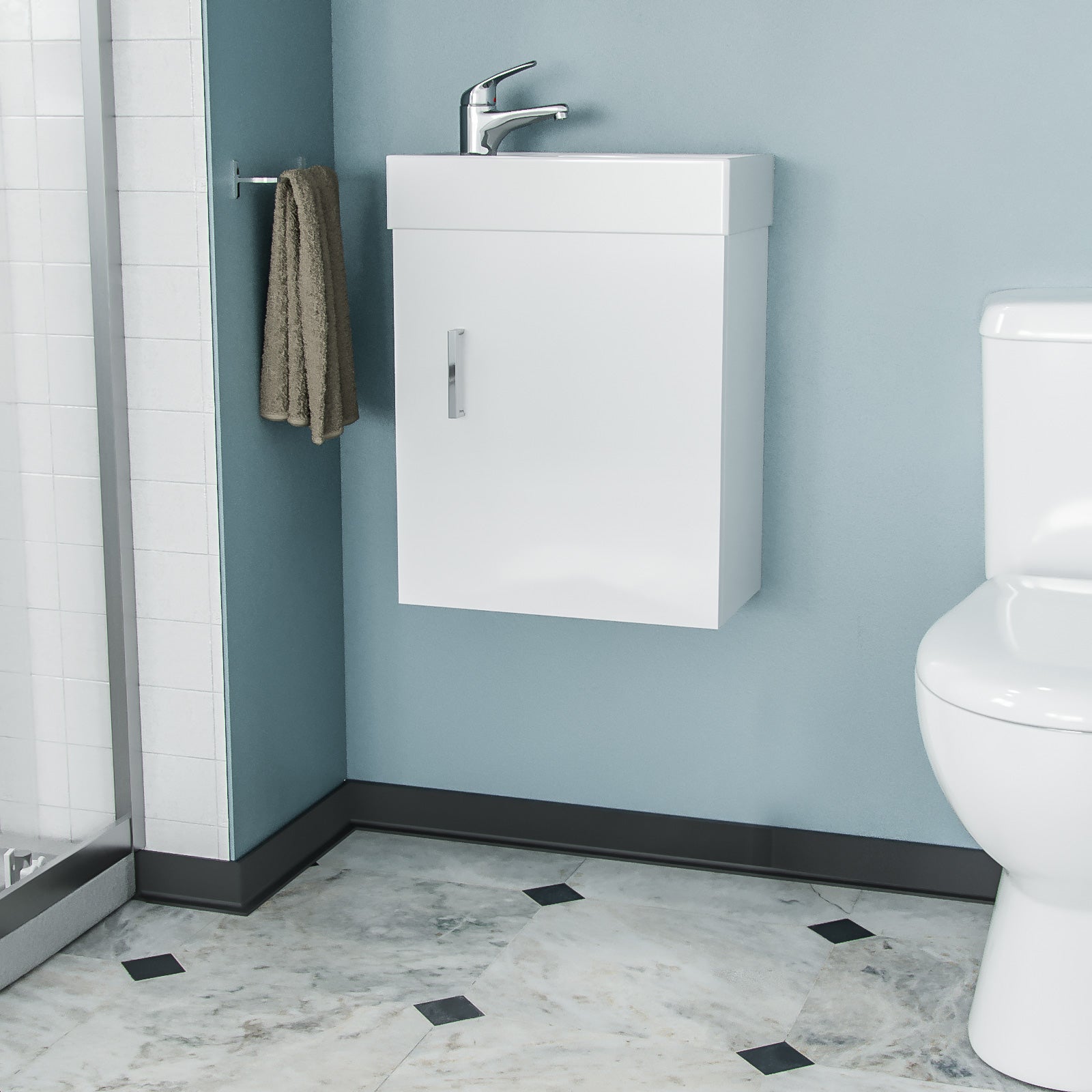 Nanuya 3-Piece White Shower Enclosure Suite with Tray, Close Coupled WC Toilet with Seat and Wall Hung 400 mm Vanity