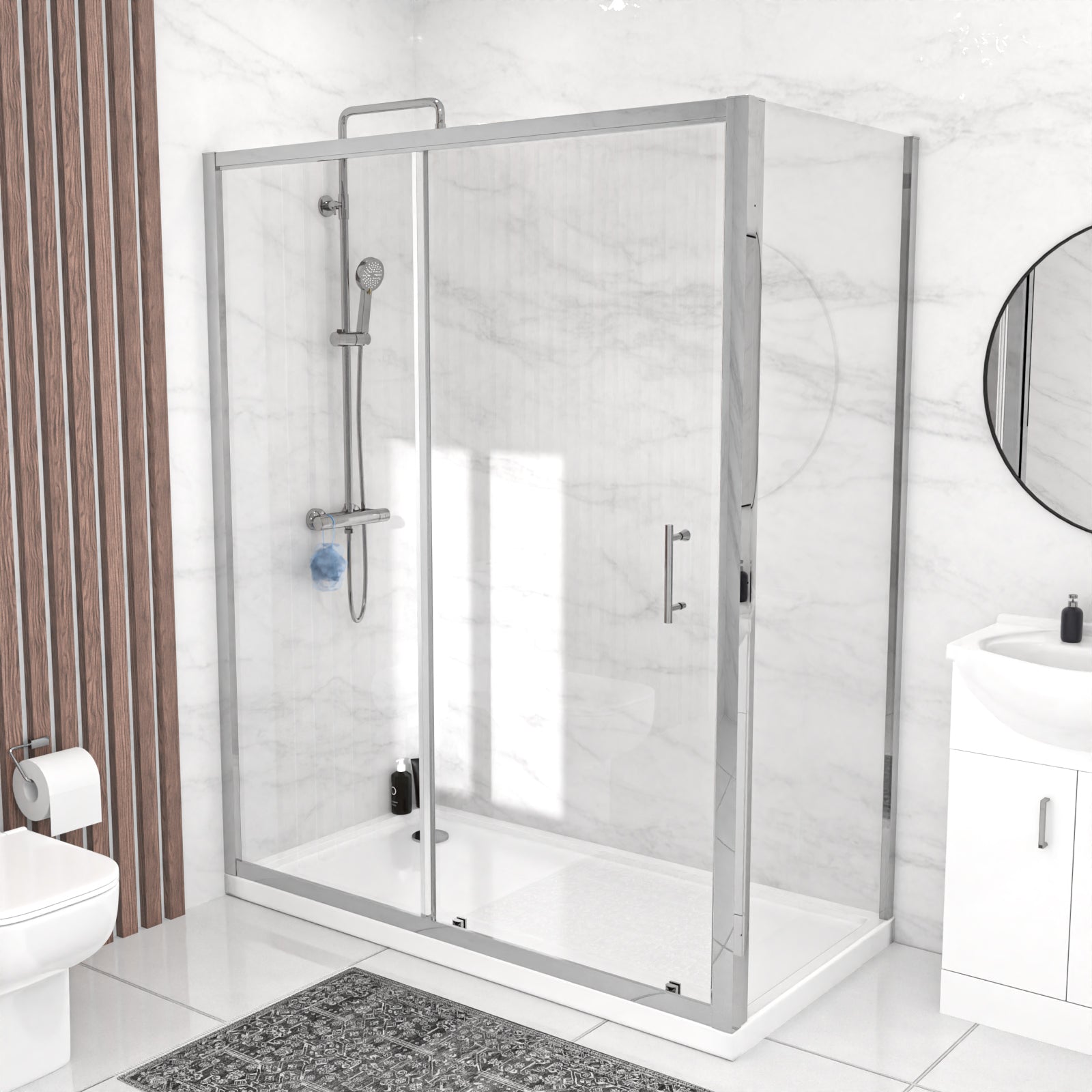 Ellen 1100 x 700mm Shower Sliding Door Enclosure, Tray, Vanity Unit & Toilet