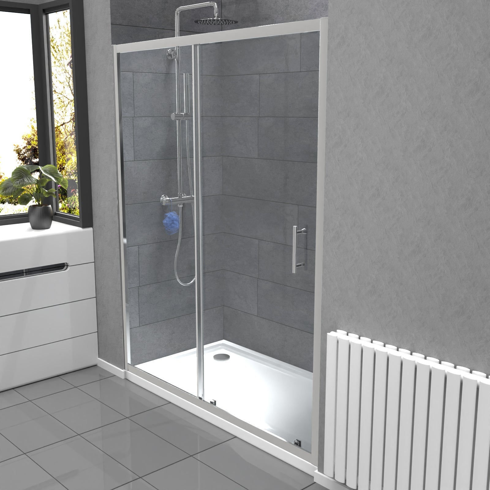 Saturn glass shower sliding door image Front View