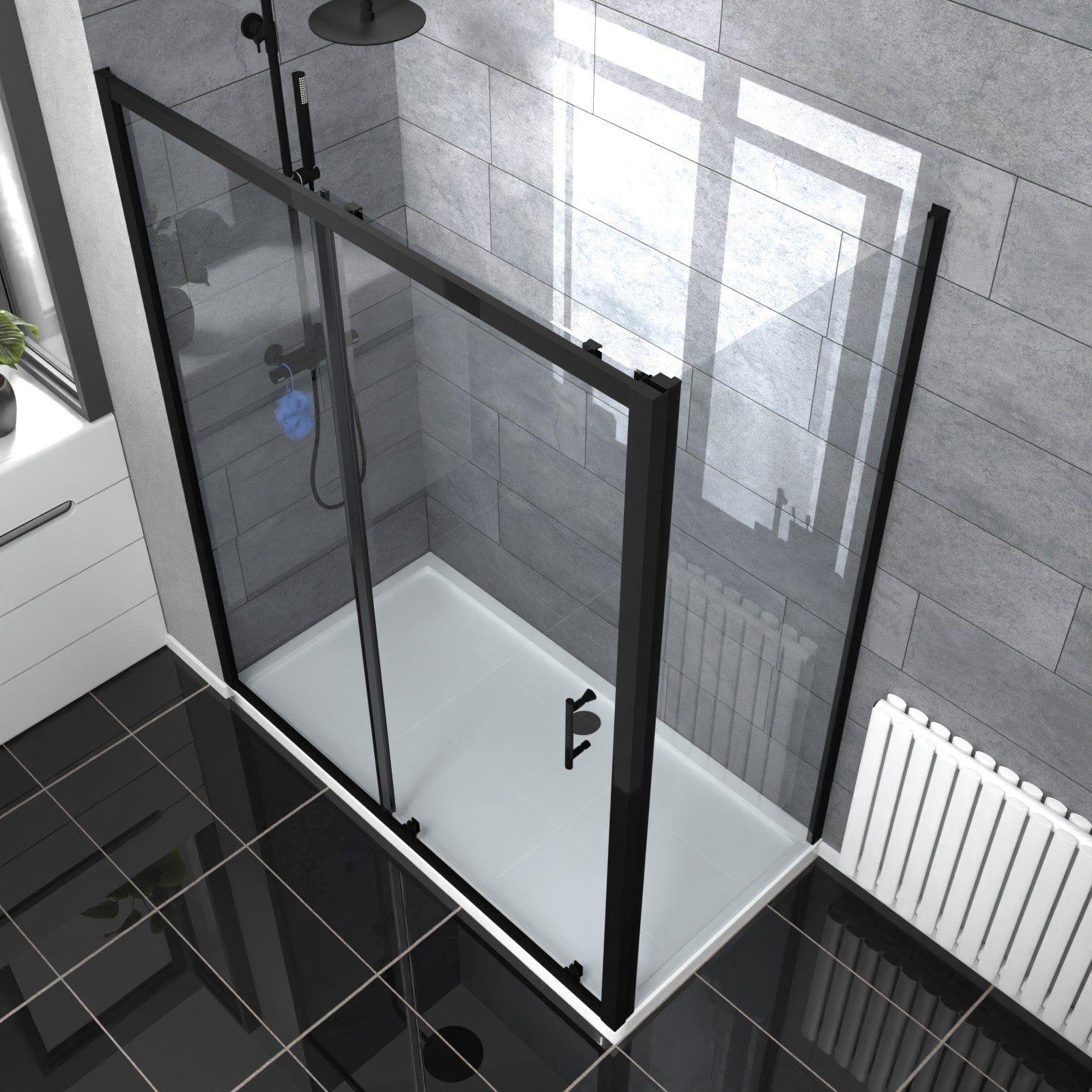 Magna Matte Black 1600mm Shower Sliding Door, 800mm Glass Side Panel Screen & Tray