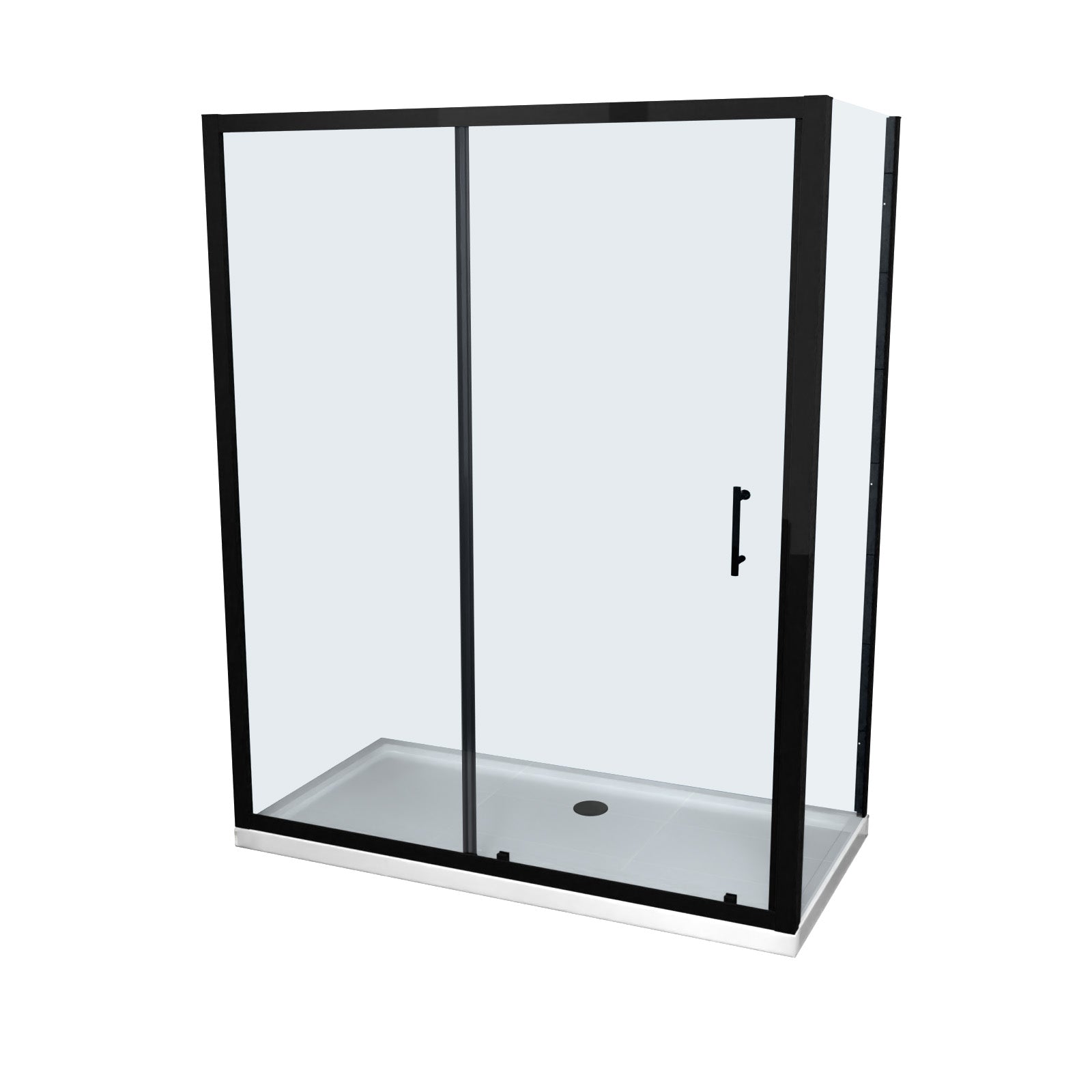 Magna Matte Black 1600mm Shower Sliding Door, 800mm Glass Side Panel Screen & Tray