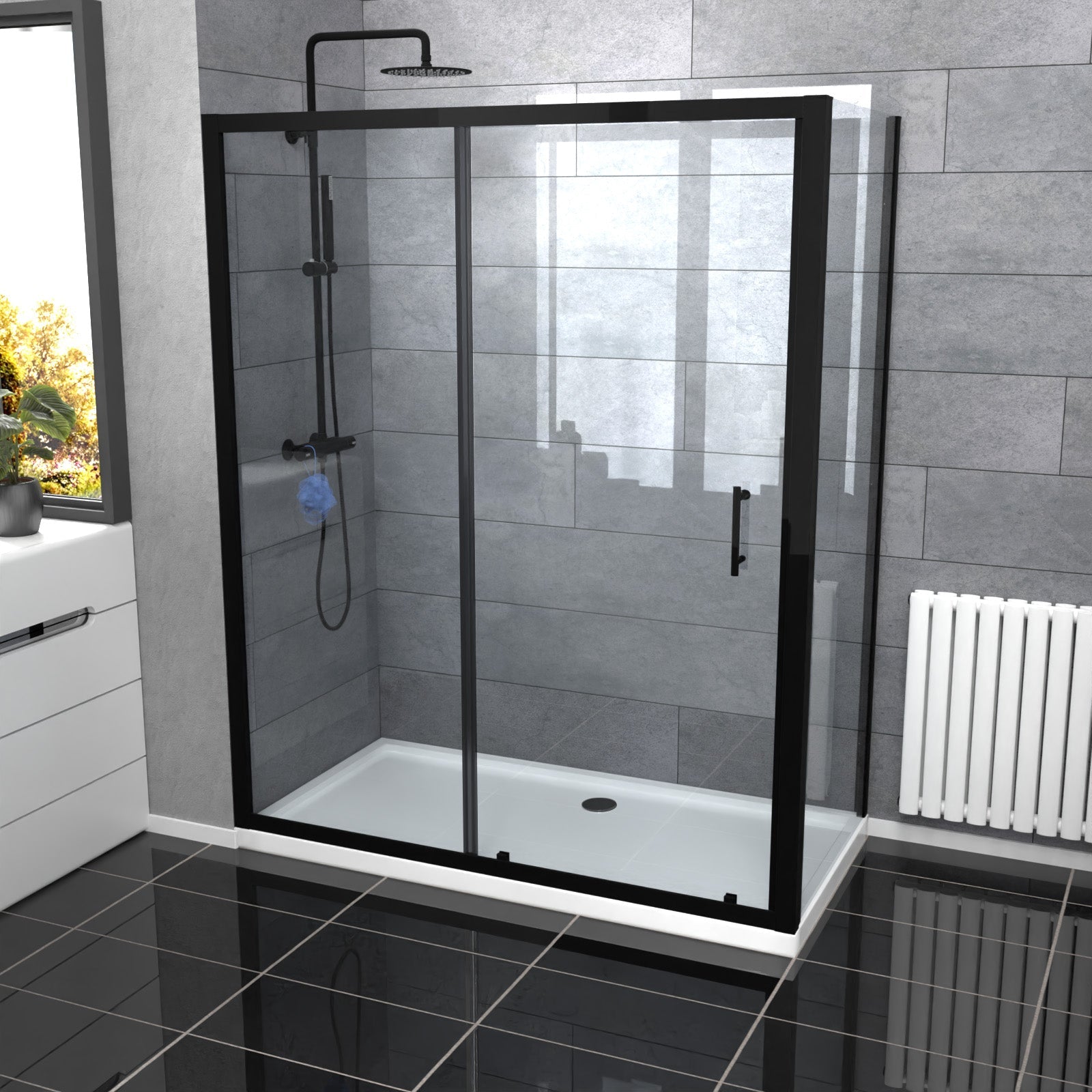 Magna Matte Black 1600mm Shower Sliding Door, 800mm Glass Side Panel Screen & Tray