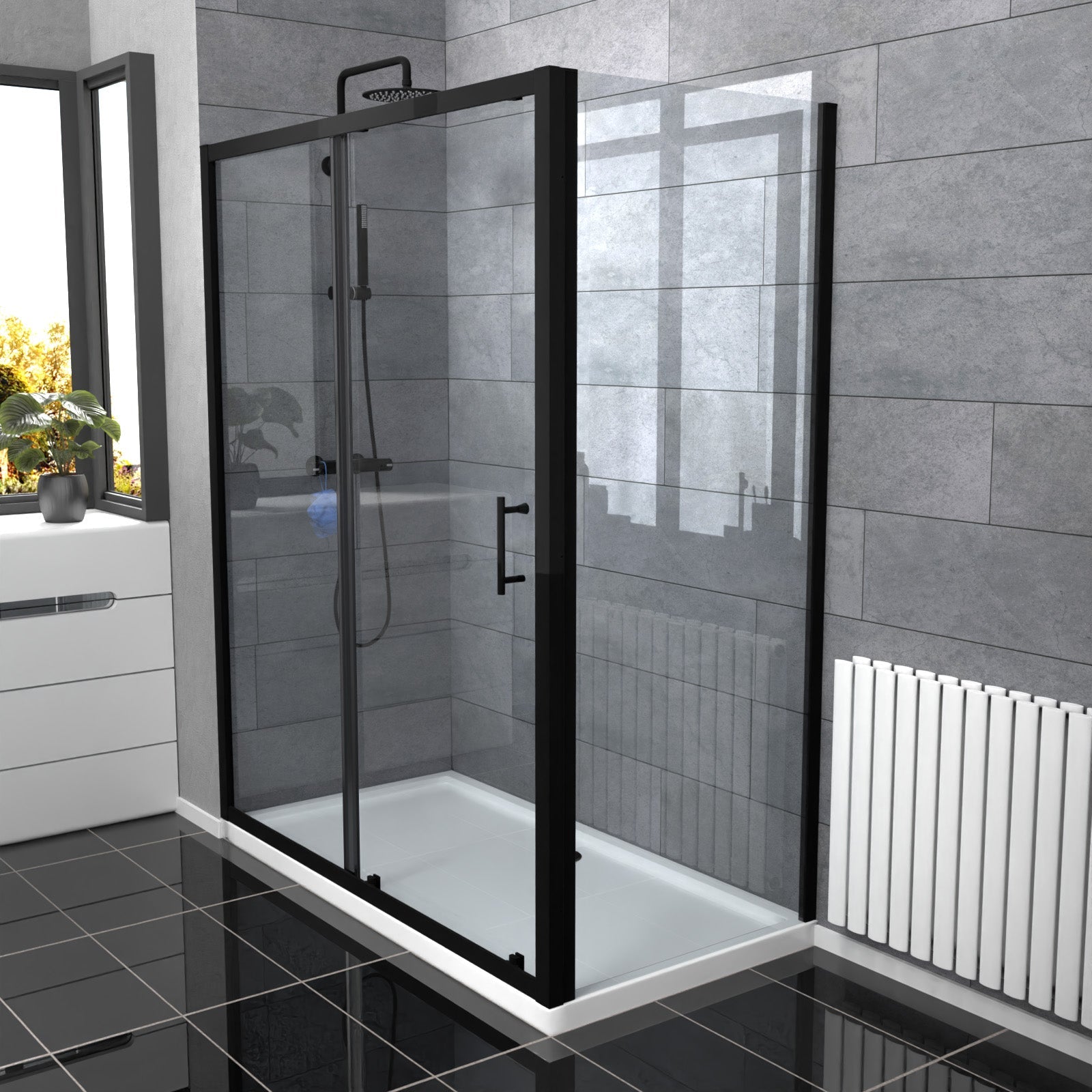 Magna Matte Black 1600mm Shower Sliding Door, 900mm Glass Side Panel Screen & Tray