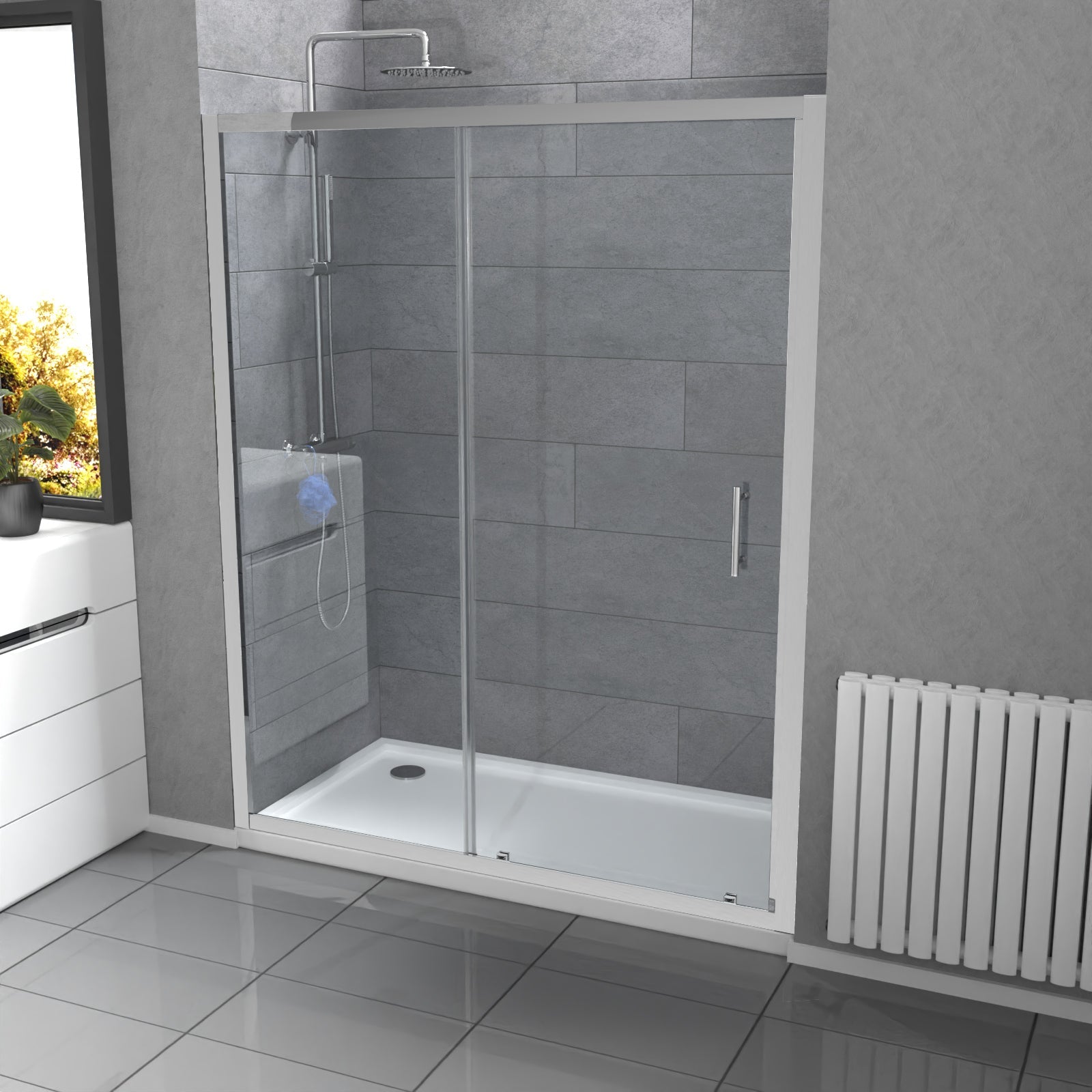 Saturn glass shower sliding door image Front View