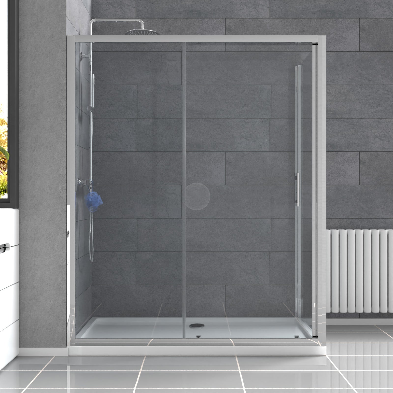 Magna 1600mm Shower Sliding Door, 800mm Glass Side Panel Screen & Tray