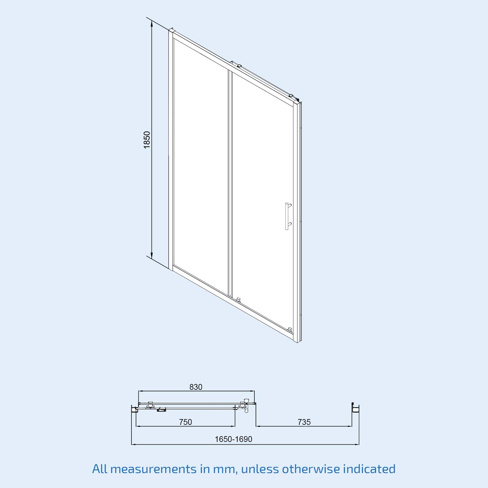 Magna 1700mm Matte Black Sliding Shower Door, 900mm Frameless Glass Screen