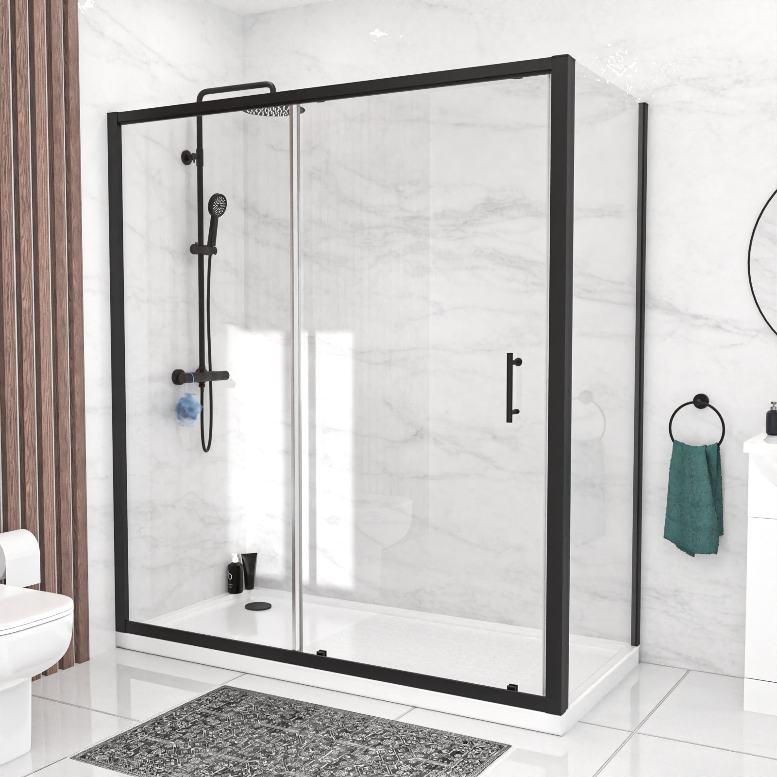 Magna 1700mm Matte Black Sliding Shower Door, 760mm Frameless Glass Screen