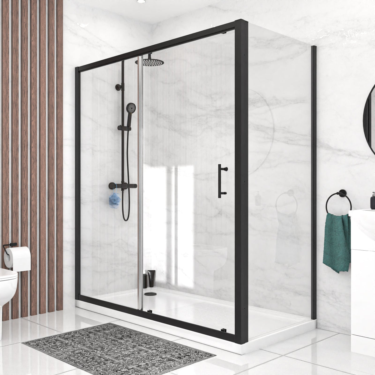 Magna 1600 mm Matte Black Sliding Door Shower with Side Panel