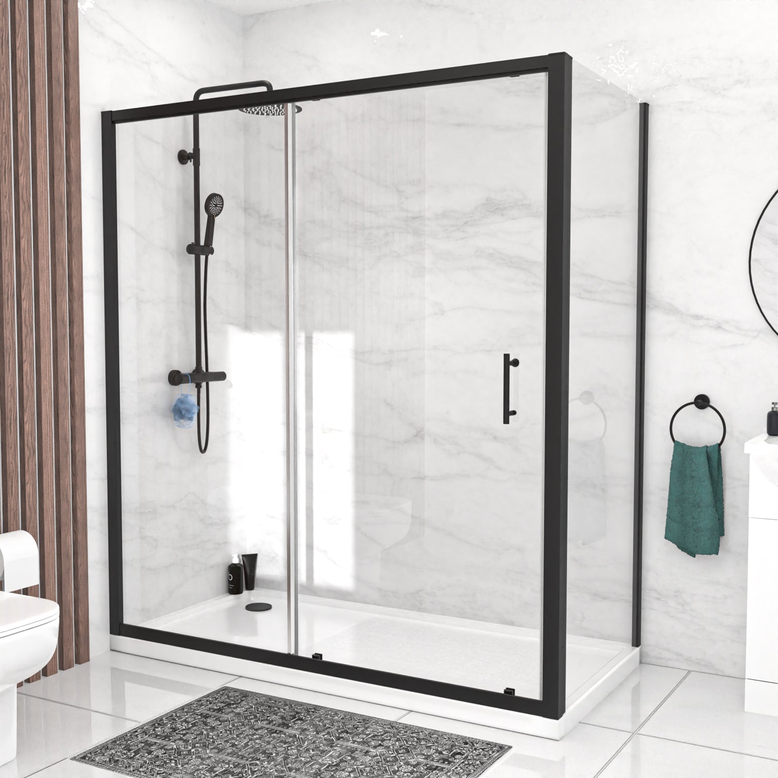 Magna 1700mm Matte Black Sliding Shower Door, 800mm Frameless Glass Screen