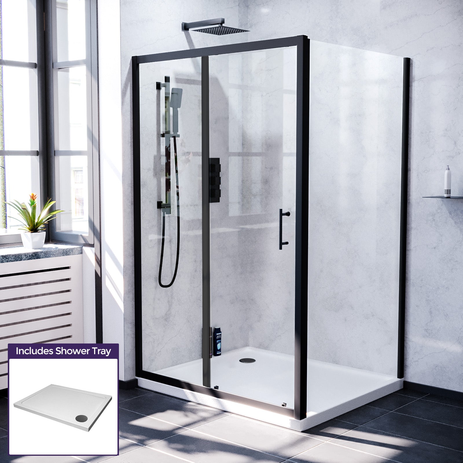 Magna 1000 x 1000mm Shower Enclosure Sliding Door, Panel & Tray Black