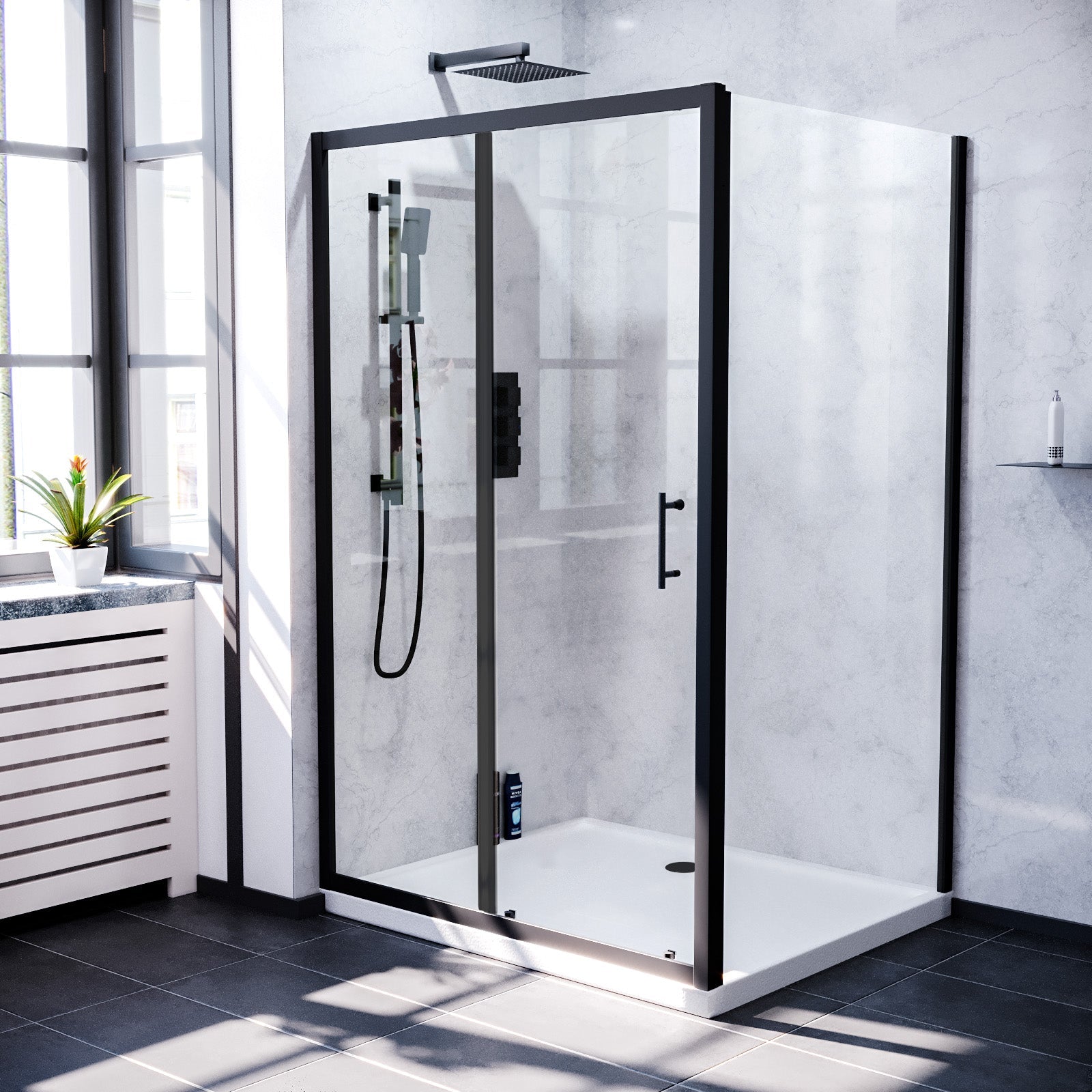 Magna Matte Black Framed Shower Enclosure Sliding Door, Frameless Glass Side Panel Screen & Tray