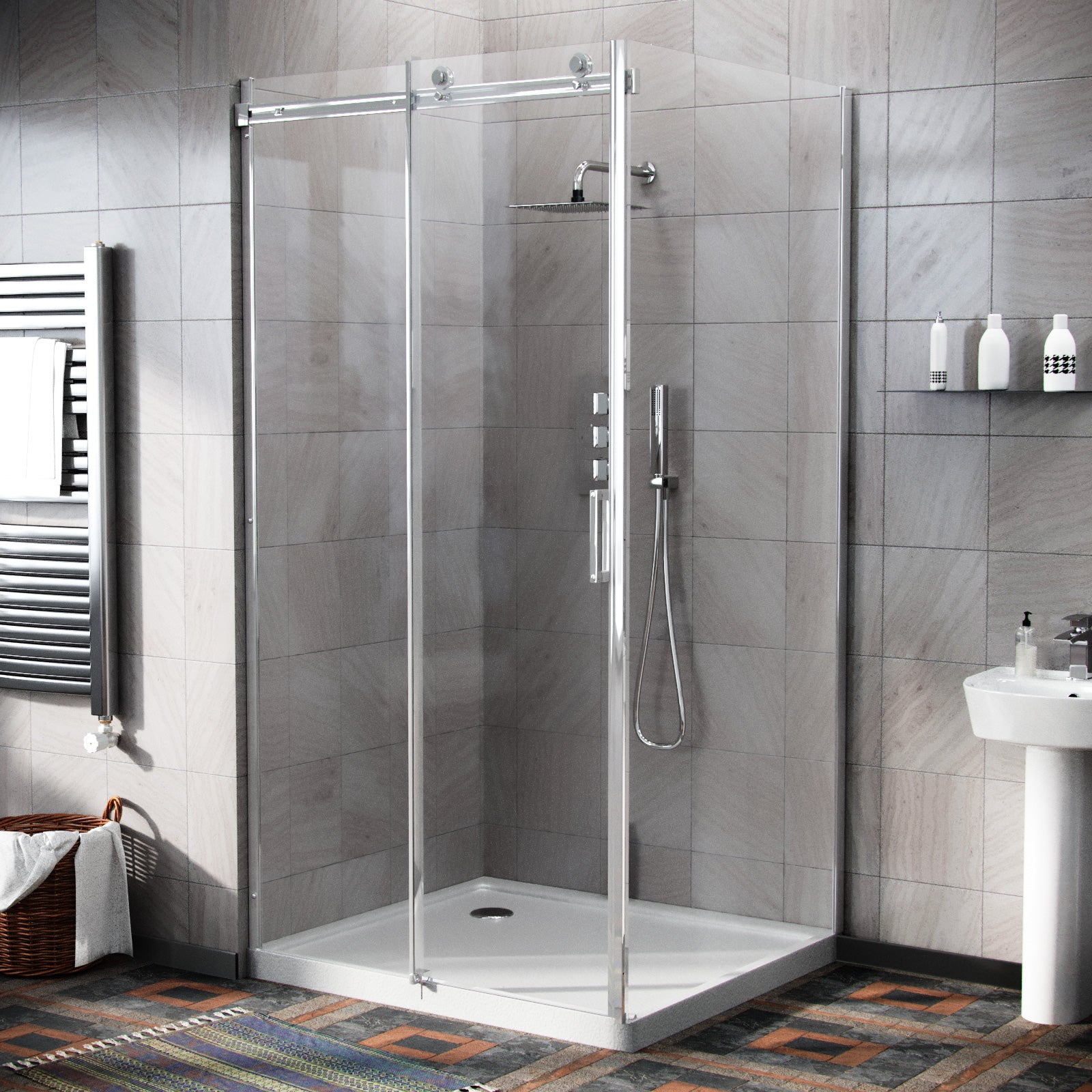 Modern bathroom with a glass shower enclosure, tiled walls, and a sink.