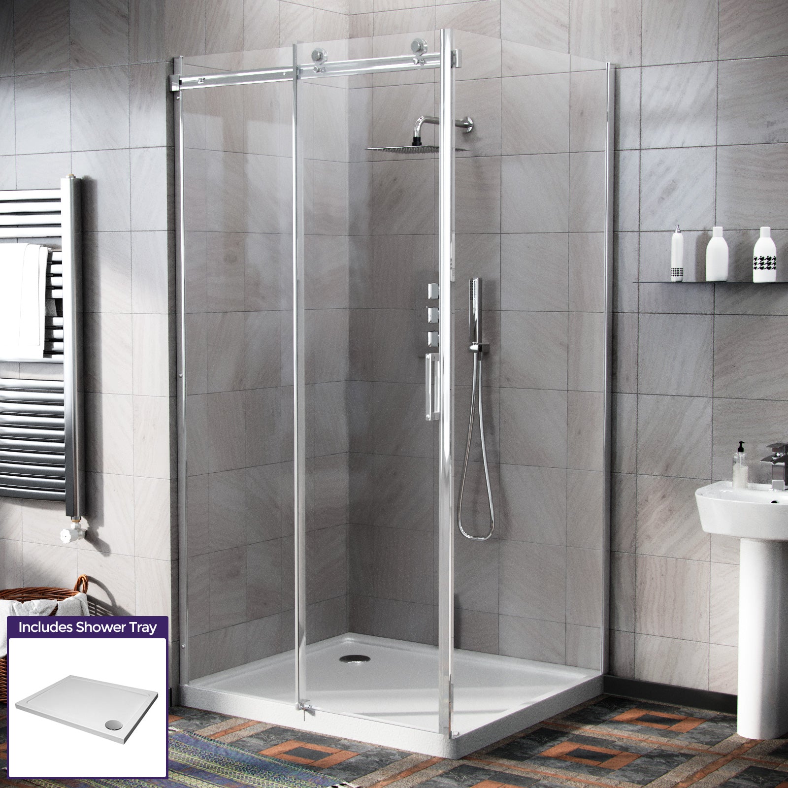 Modern bathroom with a shower enclosure, tiled walls, and a sink.