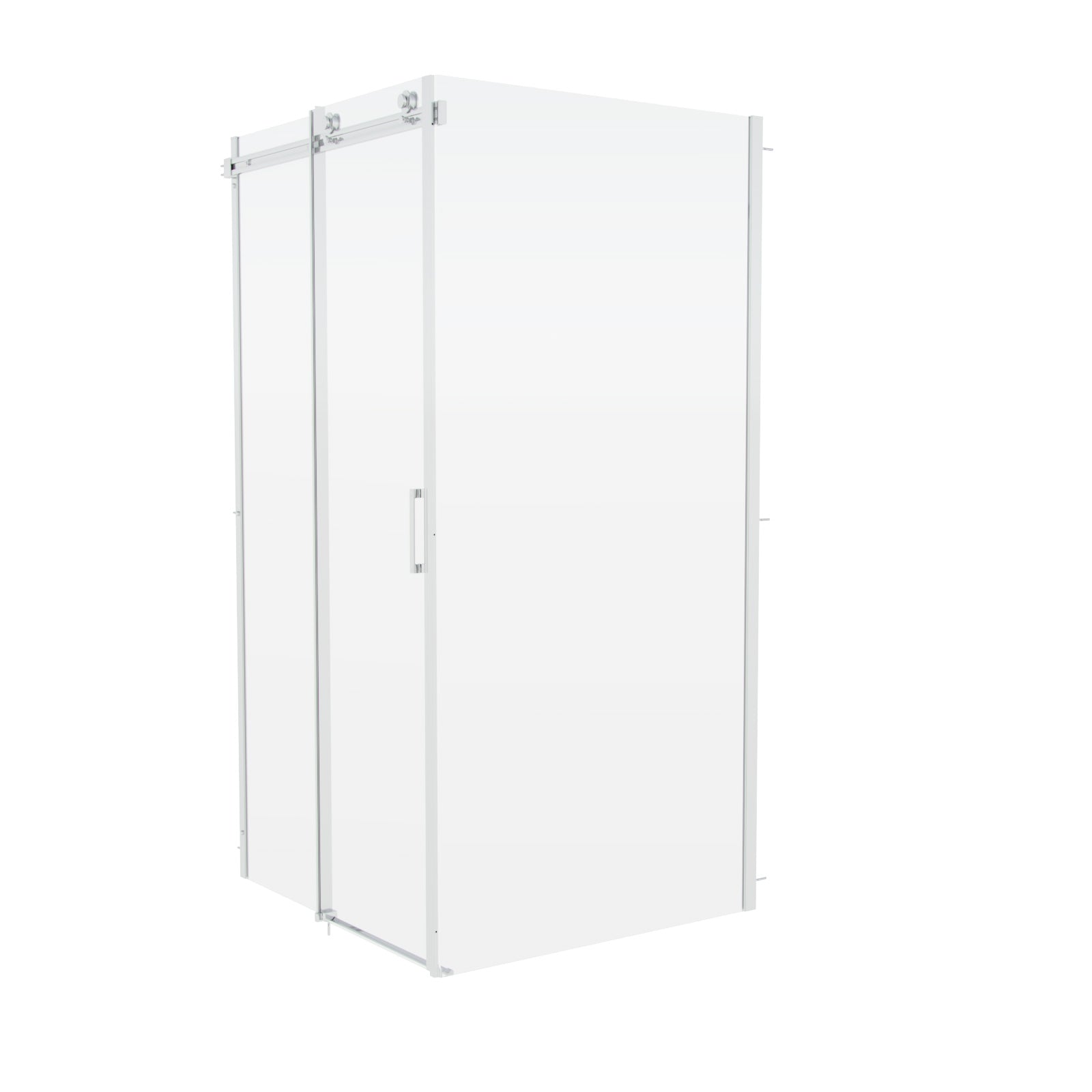 Clear glass shower enclosure on a white background
