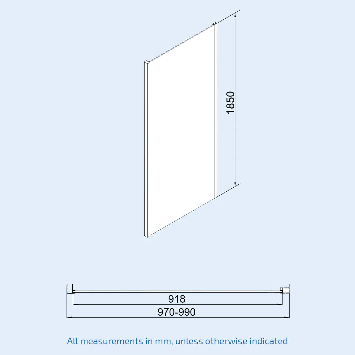 Measurement chart of a rectangular panel with dimensions on a light blue background