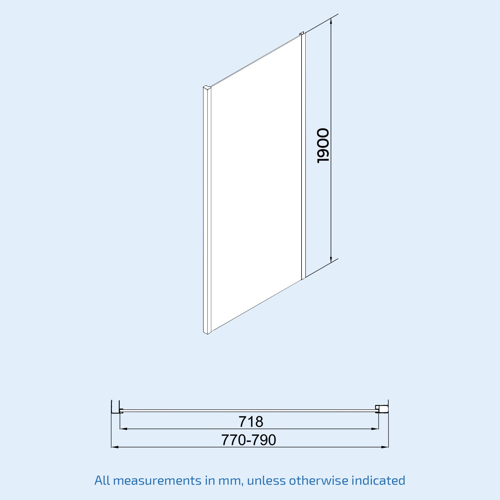 Measurement chart of a rectangular panel with dimensions on a light blue background